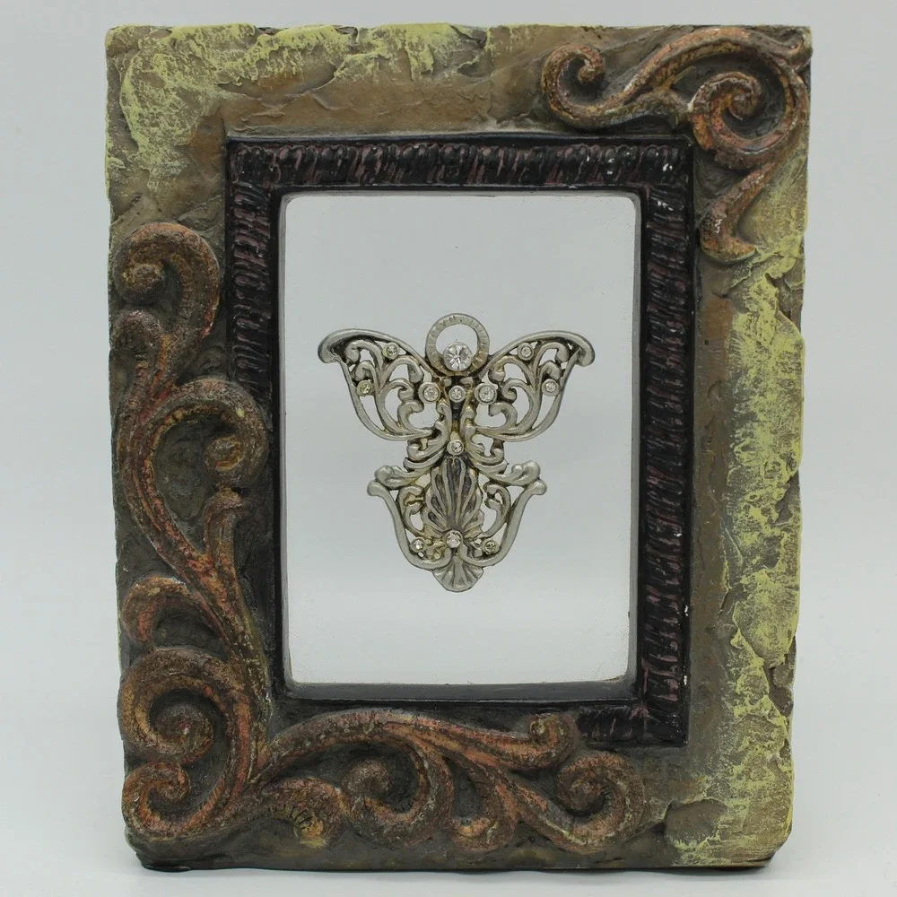 Shadow Box Angel Filigree Crystal Ornate Resin Frame 5.5in Bronze Gold Silver